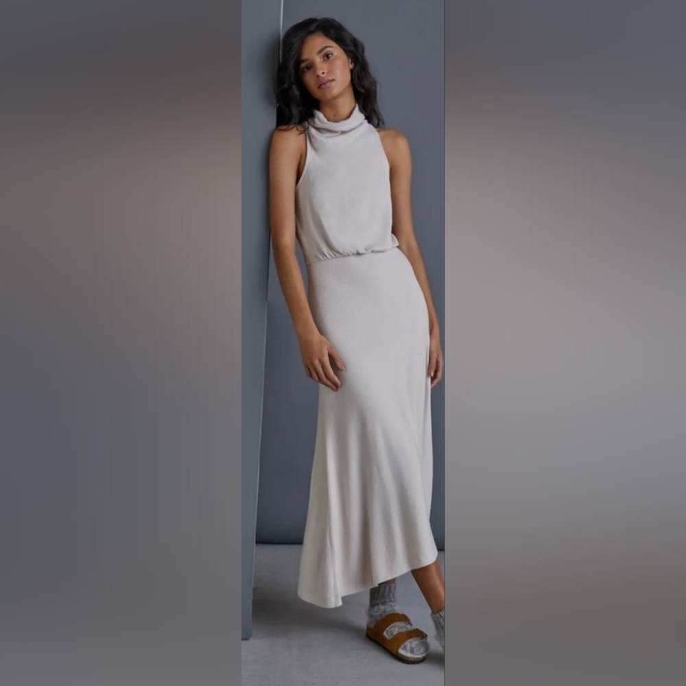 Anthropologie Cream Cowlneck Dress Large Petite